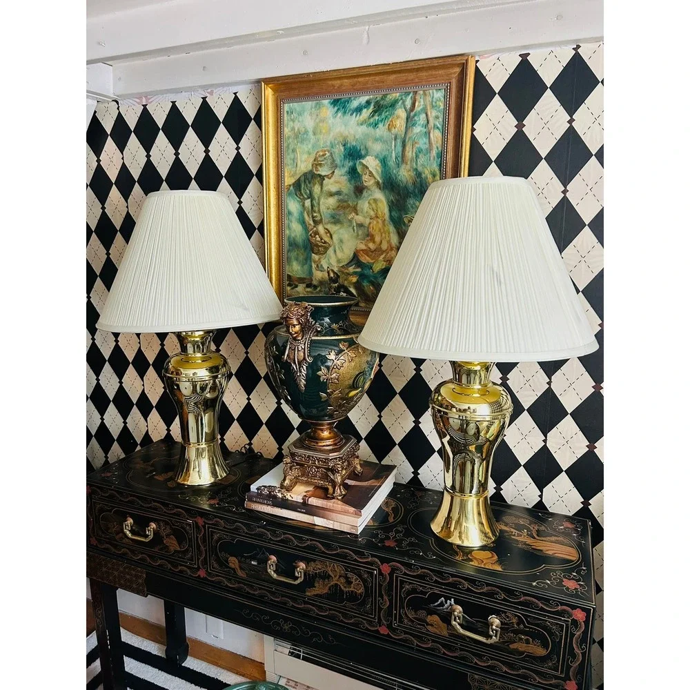Pair Gold Tone Metal Table Lamps Polished Pedestal Vintage Lighting